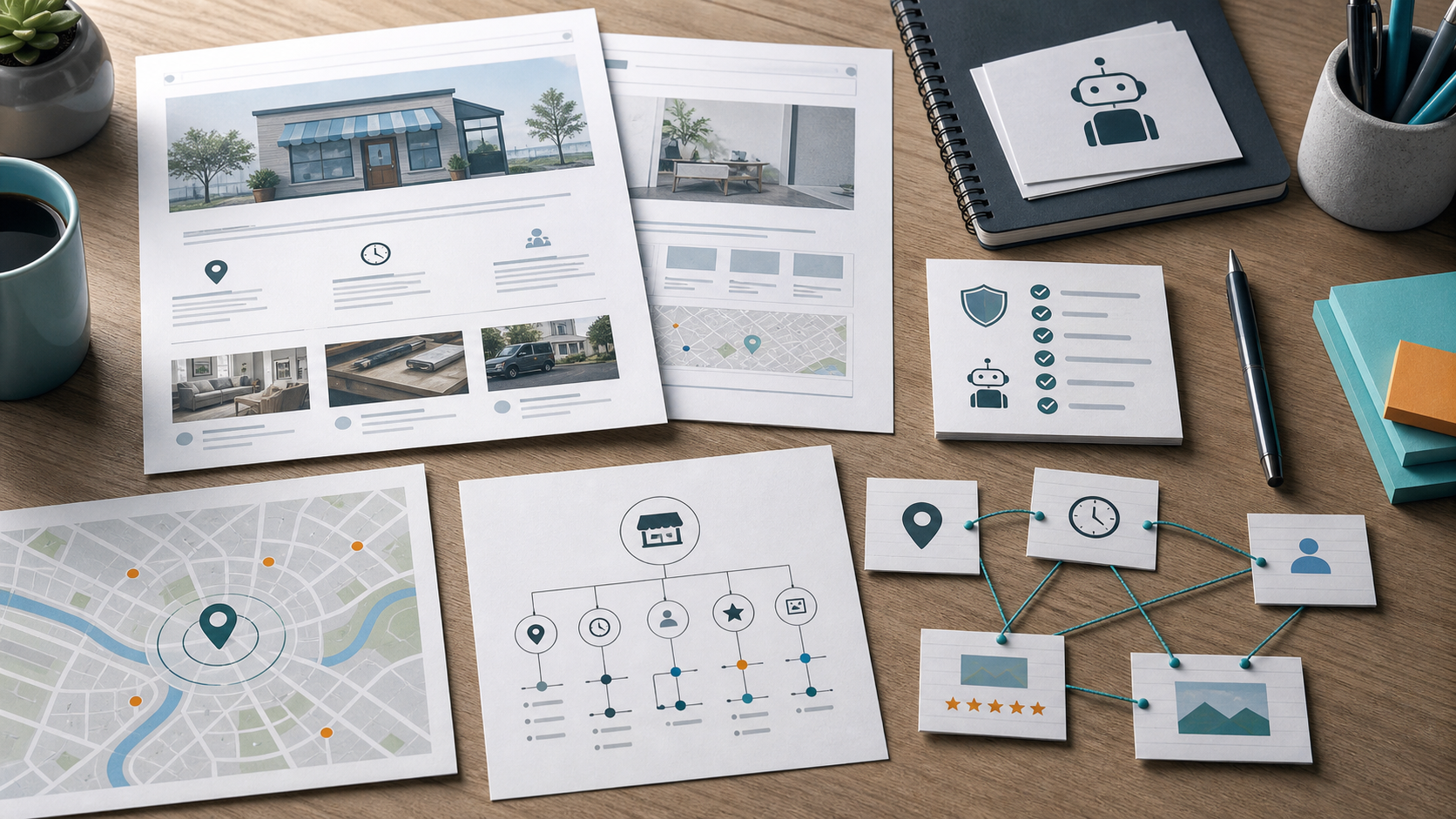 Website printouts, structured data notes, crawler checklist, and local service map on a desk.