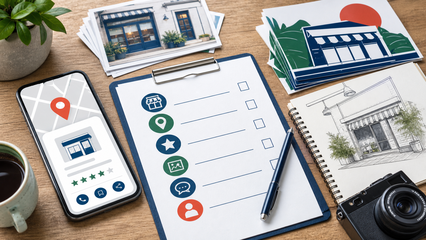 A desk with a local map, business profile checklist, flyers, and storefront notes.
