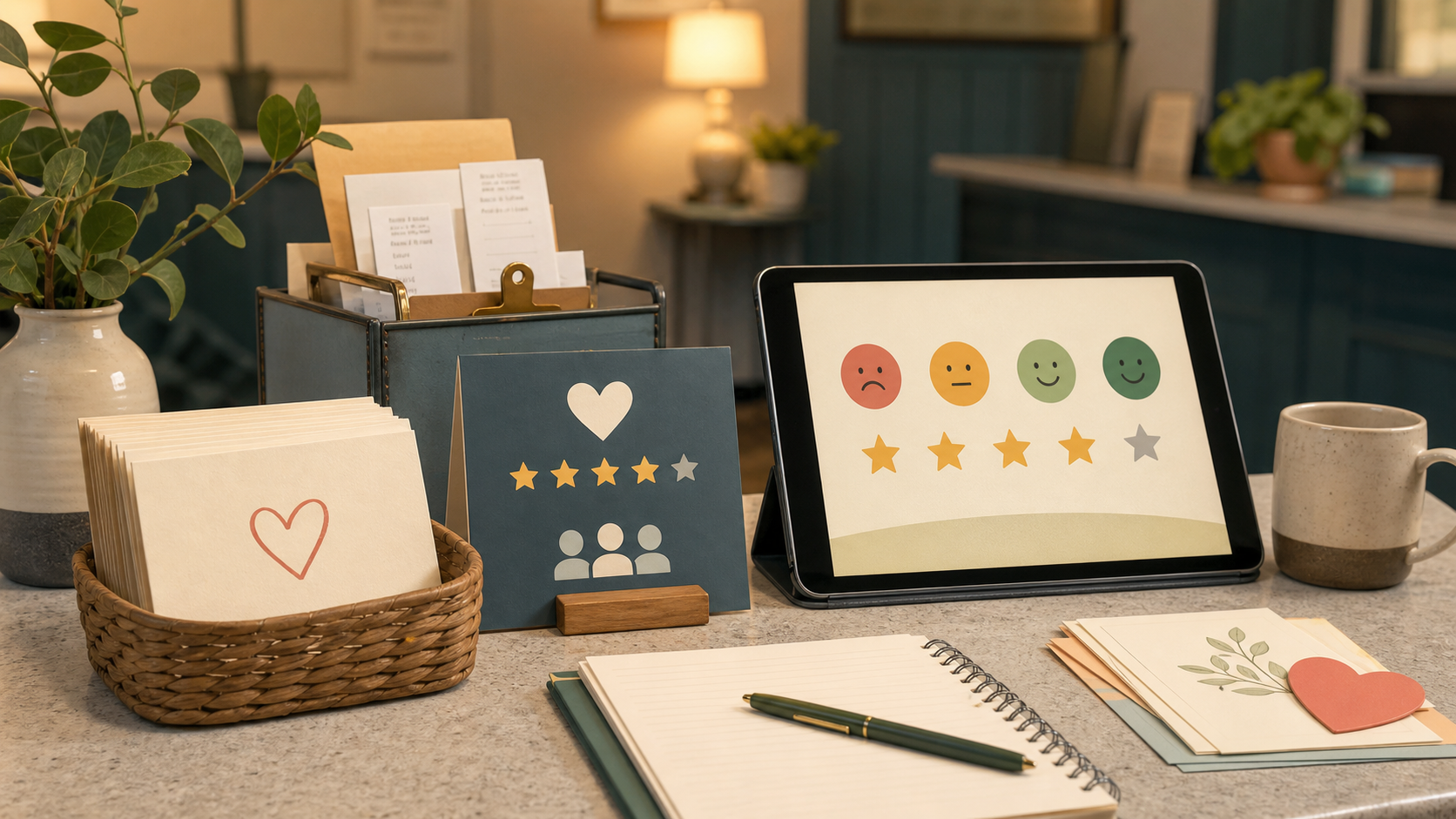 Thank-you cards, review request notes, and response drafts arranged on a service counter.