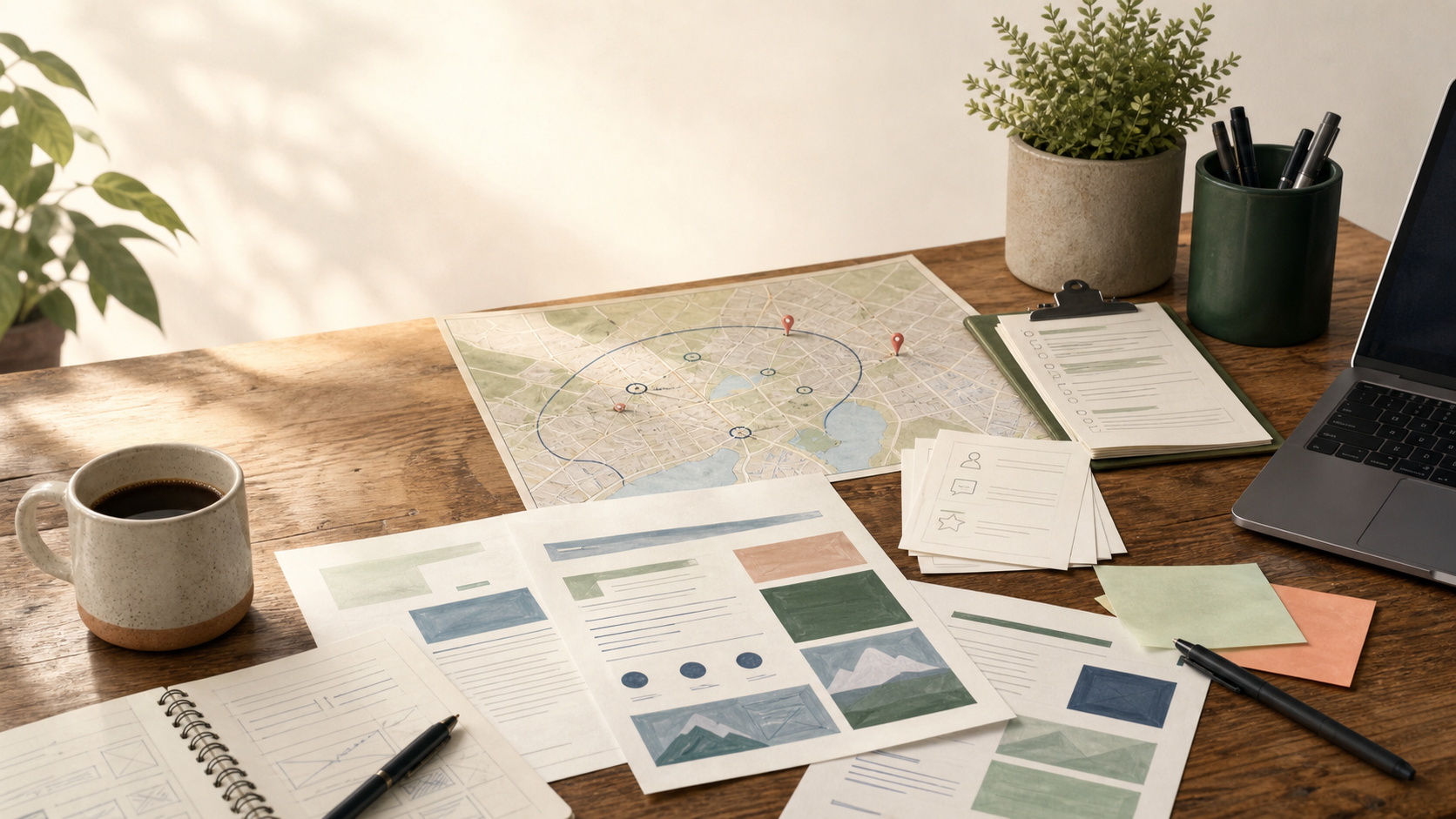 A workbench with a local map, customer notes, checklists, and website drafts.